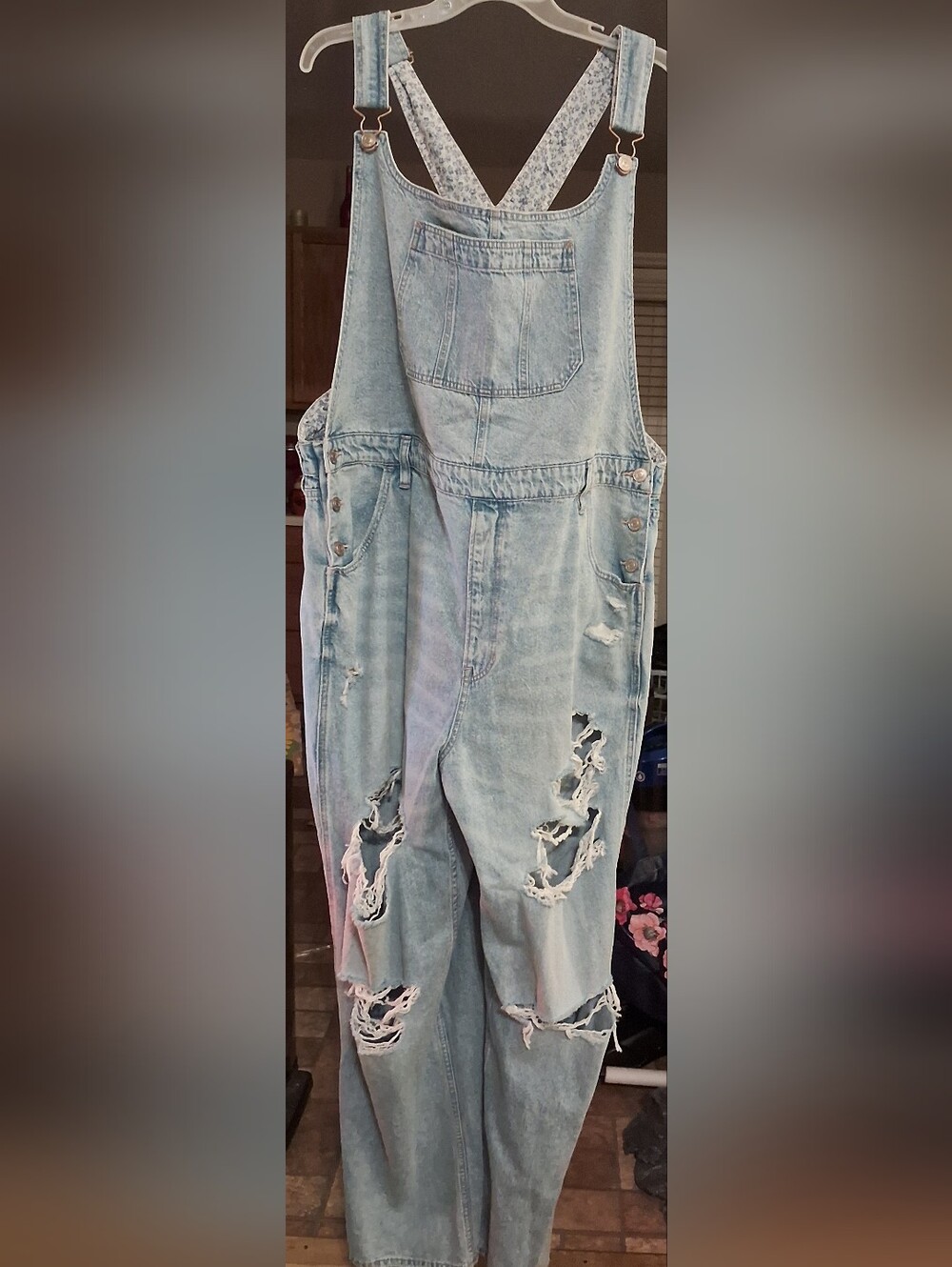 Light Blue Distressed Denim Overalls - Women